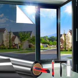 One Way Window Privacy Film See Out Not in, Window Tint for Home, Reflective Mirror Glass Windows Coverings Sun Heat UV Blocking, Black-Silver, 35.4 Inch x 157.4"