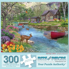 Bits and Pieces - 300 Piece Jigsaw Puzzle for Adults 18" x 24" - Spring Cabin - 300 pc Forrest River Boat Pier Flower Tree Nature Bloom Jigsaw by Artist Bigelow Illustrations