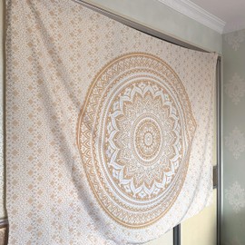X-morrey Wall Decor Indian Mandala Tapestry Picnic Table Cover and Curtain, Holiday Decor HD Print Bohemia Mural Bedroom Tapestry Wall Hanging Personality Gift Multifunctional Home Decor Beach Towel (White Gold WG02)