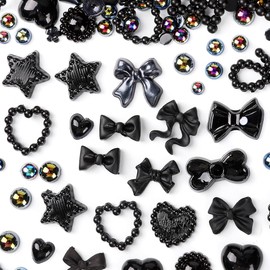 1450pcs Black 3D Multi Shapes Pearl Nail Charms, COOSLIM Flatback Pearls Heart Bowknot Nail Charms Mix Styles Star Bow for Nail ArtDecoration