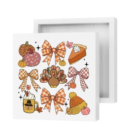 Fall Coquette Bow Decor, Thanksgiving Turkey Sign, Farmhouse Bedroom Dining Room Decor Rustic Wooden Box Block Plaque Wooden Box Sign for Desk Table Bookshelf Tabletop