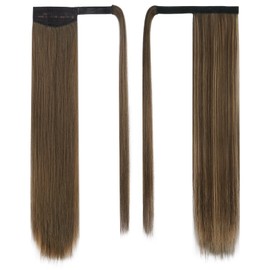 BARSDAR Wrap Around Straight Ponytail Extensions - 26 Inch Long Straight Ponytails for Women, Clip in Ponytail Hair Extensions Synthetic Pony Tails Hairpieces - Chocolate Brown with Highlights