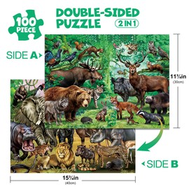 BenBen Puzzles for Kids Ages 4-6, Double Sided 100 Piece Puzzles for Kids, 2 in 1 Puzzle, Wild Animals, Learning Educational Jigsaw Puzzles Toys for Boys Girls (15.75” x 11.75”)