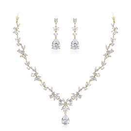 BriLove Gorgeous Wedding Jewelry Sets for Women Bride Cubic Zirconia Marquise Teardrop Leaf Vine Cluster Y-Necklace Dangle Earrings Set Clear Gold-Toned
