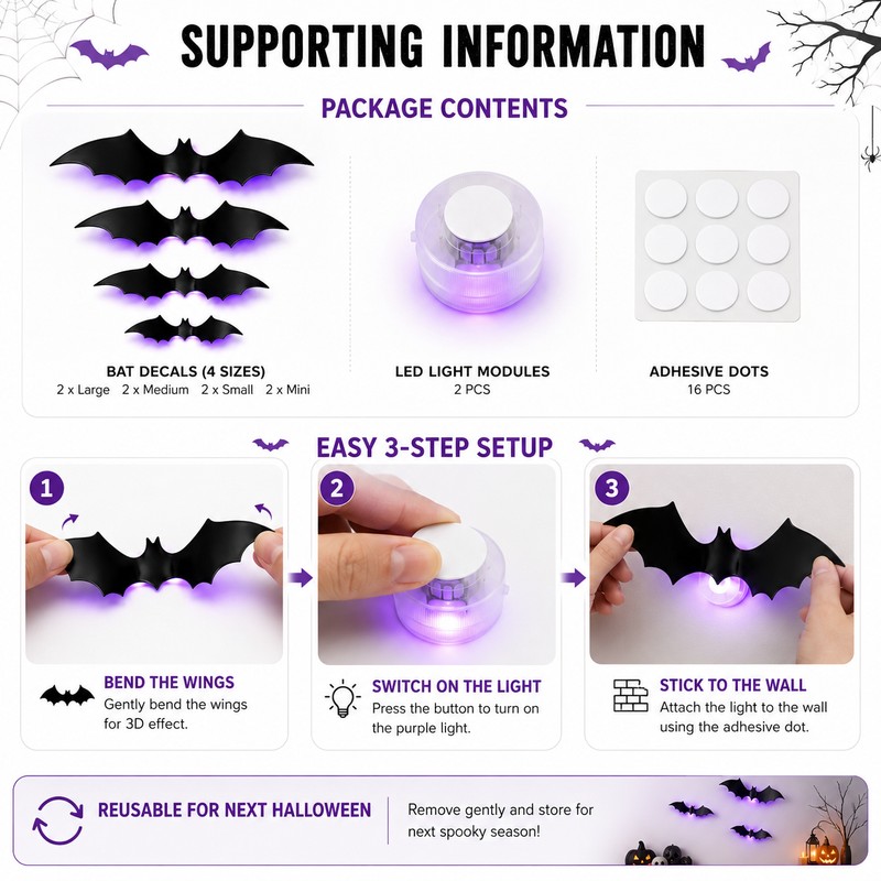 LED 3D Halloween Bat Wall Decorations – Light-Up Bendable Flying