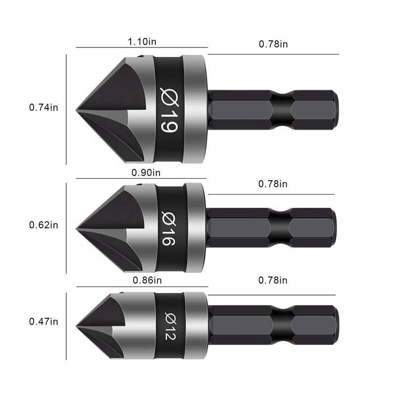 3 Pcs Countersink Drill Bit,Set Counter SinkBits Wood Countersunk Chamfer