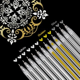 12Pcs White Gold Silver Gel Pen Set, 0.8mm Fine Point White Gel Pens, White Fine Tip ink Sketching Pens, White Line Drawing Pen Highlighter, White Rollerball Pens for Black Paper Writing Taking Note