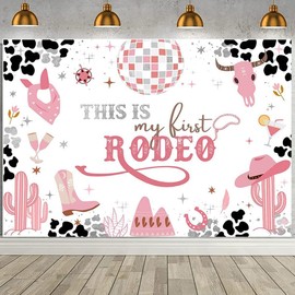 West Cowgirl Theme Birthday Party Background Wild West Party Supplies This is My First Rodeo Banner Girl Birthday Party Cow Print Pink Cactus Western Girls Party Decoration Supplies (5X3FT)