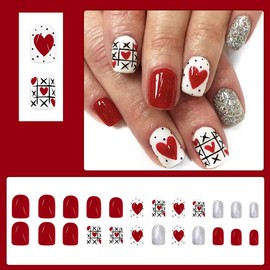 24Pcs Valentines Short Press on Nails Square Fake Nails Red Heart False Nails with Spot Design Glue on Nails Glitter Silver Acrylic Nails Valentines Artificial Nails for Women Wedding Manicure