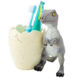 FlidRunest Dinosaur Kids Toothbrush Holder Tooth Brush Organizer for Bathroom - Sturdy Resin Dino Tooth Brush Holder - Easy to Clean - Dinosaur Bathroom Decor for Birthday, Children's Day-Grey