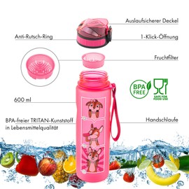 Monte Stivo® Trinkflasche Kinder Auslaufsicher 600ml | Wasserflasche BPA Frei mit 1-Klick Verschluss | Geschenk für Einschulung & Freizeit | Trinkflasche Mädchen und Junge für Kindergarten und Schule