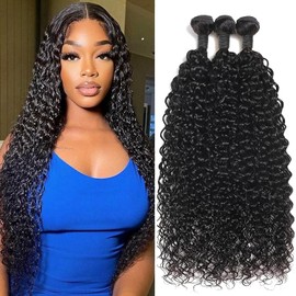 Water Wave Human Hair Bundles 18 18 18 Inch 12A Deep Curly Bundles Human Hair 100% Unprocessed Wet and Wavy Bundles Human Hair Extensions Natural Black