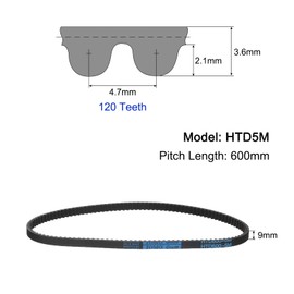sourcing map HTD-5M Rubber Timing Belt 120 Teeth, 600mm Pitch Length x 9mm Width x 3.6mm Height, Closed Loop Pulley Timing Belt