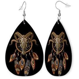 Bull Skull Leather Earrings Set | Feathers Lightweight Faux Leather Teardrop Dangle Earrings | Teardrop Jewelry Earrings