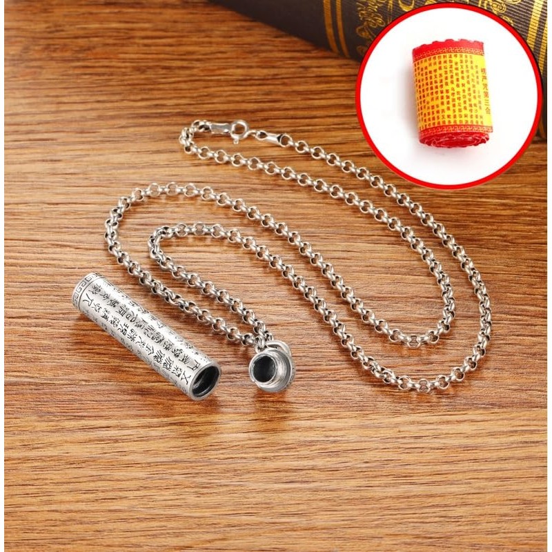 Rockyu Amulet Necklace, Men's, Long Necklace, Sutra Pendant, Openable Capsule,