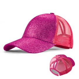 Girls' Baseball Cap Children's Glitter Baseball Cap Ponytail Hats Shiny Adjustable Sun Hat Little Girls Summer Baseball Cap for 3-8 Years Old, Rose Red