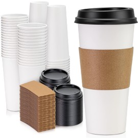 Fit Meal Prep 100 Pack 24 oz Disposable Coffee Cups with Lids, Sleeves and Stirrers, Leak-Proof To Go Coffee Cups with Lids, Durable Paper Cups for Hot Beverage, Home, Office, Party