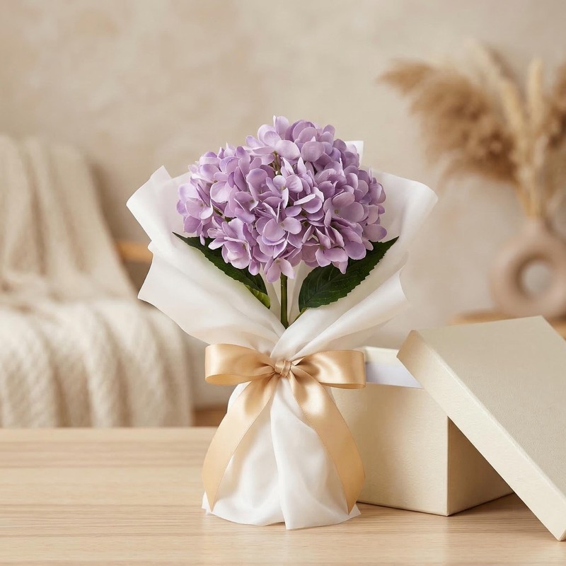 6 Artificial Hydrangea, Silk Faux Flowers, Lifelike Texture, Bendable Stem