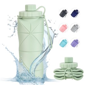 YCT Collapsible Silicone Travel Water Bottle 20oz (600ml), Reuseable Leakproof BPA Free Foldable Sports Bottle, with Carrying Strap, Green