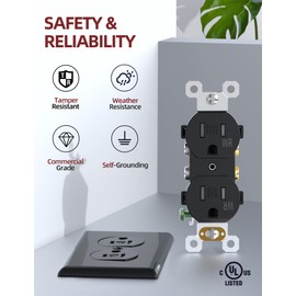 AIDA 15 Amps Duplex Outlets and Wall Plates Bundle, Tamper Resistant & Weather Resistance Electrical Receptacle, 2 Pole,3-Wire, Self-Grounding, NEMA 5-15R,UL Listed (10 Pack, Black)