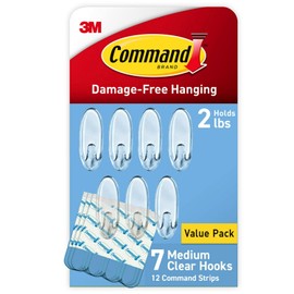 Command - Ganchos de pared transparentes medianos, 7 ganchos de pared y 12 tiras de mando, sin daños para colgar con calcomanía, ideal para colgar la decoración del hogar, soporta hasta 2 libras