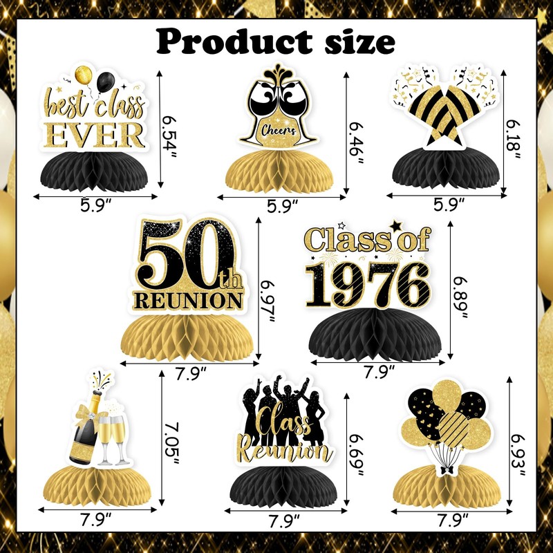 JOYMEMO 8Pcs 50 Year Class Reunion Honeycomb Centerpieces, Black and