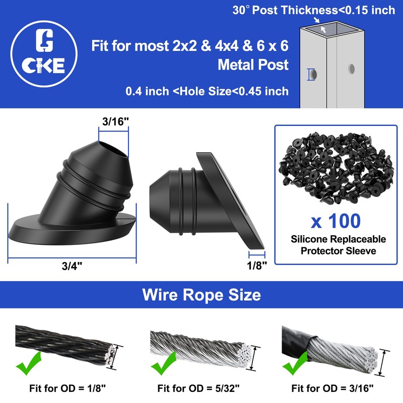 CKE 100 Pack 30 Degree Replaceable Cable Railing Rubber Grommets