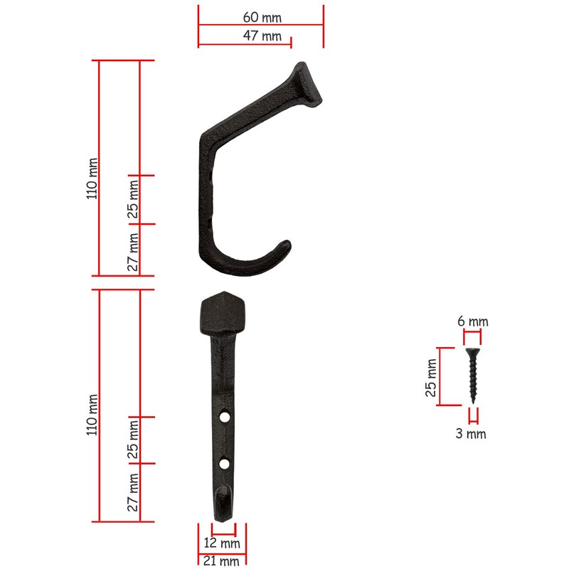 FUXXER® 3 x Heavy Rustic Solid Iron Hooks, Coat Hooks,