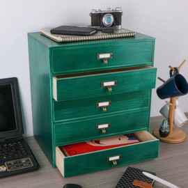 GoooodGIFT Desktop Drawers Organizer Card Catalog Drawer Card Cabinet Large Wooden Drawers Vintage Wooden Box with Drawers Paper storage File Folder Organizer Library Card Catalog Cabinet (L-GREEN)