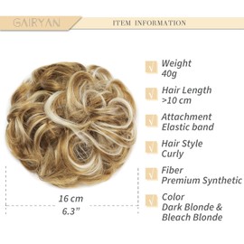 Gairyan Hairpiece with Elastic Band, Updo Hairstyles, Large Bun Hairpiece, Hair Extension Scrunchie with Hair, Hair Bun, Curly, Wavy Messy Bun Ponytail for Women, 40 g, Dark Blonde & Bleach Blonde