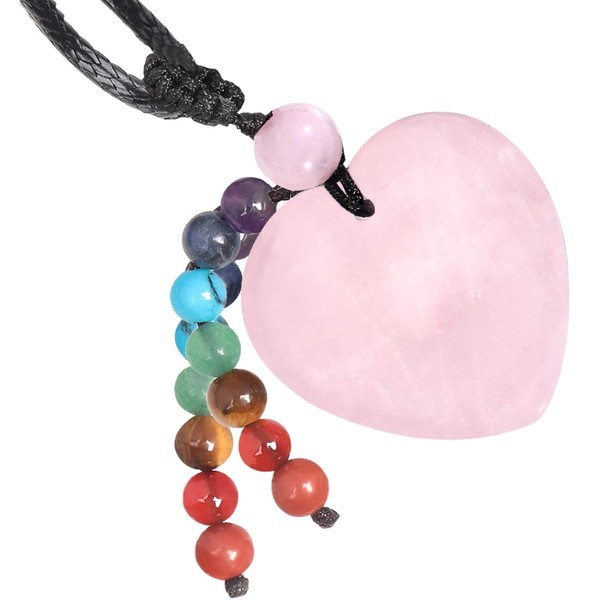 SUNYIK 7 Chakra Heart Stone Pendant Necklace for Women, Healing Crystal Stone Adjustable Amulet Necklace, Rose Quartz
