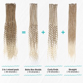 Quiduis 30 Inch 30 Strands SE Dreadlock Extensions,3 In 1 Mixed Synthetic Dreads Extensions,Light Brown to Blonde Curly&Straight&Boho Single Ended Dreads Extensions Hippie Style Dreadlock for Women