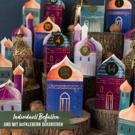 Papierdrachen DIY Ramadan Calendar for Crafts and Filling, Houses, 30 Colourful Folding Boxes for Decorating, 30 Gift Boxes, Eid Mubarak, Reusable, Set 1