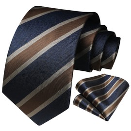 HISDERN Men's Tie Striped Wedding Tie & Pocket Square Set, Gold/Navy