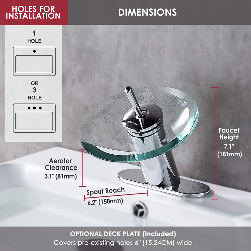 RODDEX Waterfall Bathroom Sink Faucet Unique Brass Modern Circle Glass