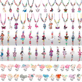 72 Pieces Kids Jewelry for Girls Set Mermaid Unicorn Butterfly Woven Adjustable Friendship Bracelets Necklaces and Rings Animal Themed Cute Dress up Jewelry for Toddler Baby Costume Party Favor Gift