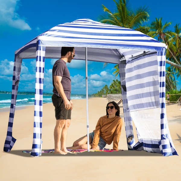 CROWN SHADES Cabana Shelter Sun Shade Tent (6.5x6.5, Navy Blue and White Stripes)