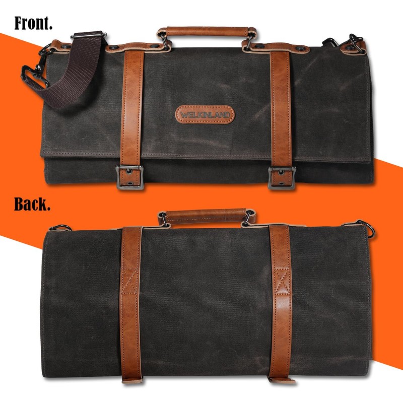 WELKINLAND 13-Pocket Knife Roll, Waxed-Canvas Leather Knife Roll Bag, Heavy-Duty