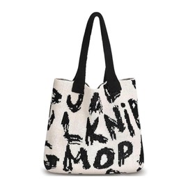 YanZhou Alphabet pattern woven pattern handbag canvas bag beach bag handbags tote bags (white)