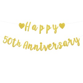 2pcs Happy 50th Anniversary Banner, Pre-Strung Glitter Gold 50th Wedding Anniversary Sign Decorations 50 Year Loved Party Favor & Decor