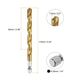 HARFINGTON 4pcs 1/4" Hex Shank Twist Drill Bits 7.5mm Titanium Coated High Speed Steel Quick Change Hex Drilling Bit Jobber Drill Bits for Wood Plastic Metal, Gold