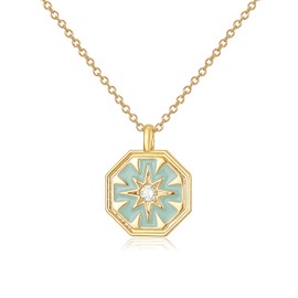 French Runway Starlight Splendor: 18k Gold Plated Octagonal Enamel Crystal Star Necklace - Luxurious Fashion Jewelry, Brass, Cubic Zirconia