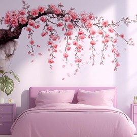 VePret Large Pink Flowers Tree Branch Wall Decals Peel and Stick, Floral Roses Wall Stickers, Removable Vinyl Home Decor Art for Bedroom Living Room Classroom Office