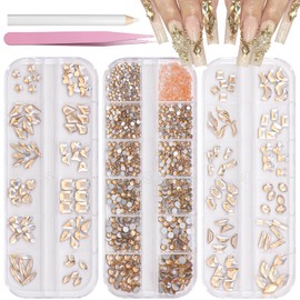 Champagne Gold Crystals Nail Rhinestones, Round Beads Flatback Glass Gems Stones Multi Shapes Sizes Gold Rhinestones Gems Crystals for Nail DIY Crafts Clothes Shoes Jewelry
