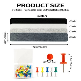 8 Pcs Black White Grey Felt Pin Board Bar Strips Bulletin Board ，Self-Adhesive Bulletin Board Bar Strips，Cork Boards for Walls with 35 Pushpins, for Paste Notes, Photos, Office Home Classroom