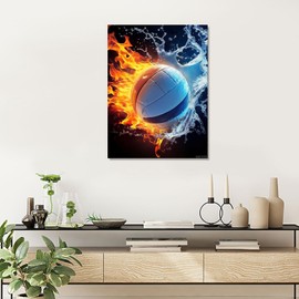 Colorful Water and Fire Volleyball Diamond Art Painting Kits for Adult, Ball Sports 5D Diamond Art for Adults, Round Drill Painting by Diamonds Art and Crafts for Home Wall Decor Gift 12x16 Inch