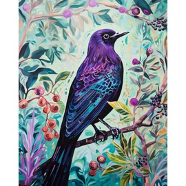 Purple Bird with Floral Background Paint by Bumbers for Adults Purple Plants DIY Paint by Numbers Acrylic Paint Canvas Abstract Colorful Nature-Inspired Painting Kits Art 16x20 Inch（without Frame）