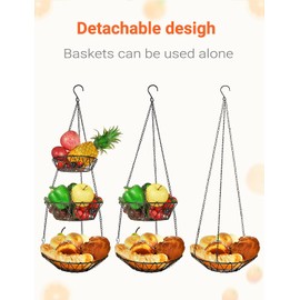 WILLIZTER 3 Tier Hanging Basket with Sturdy Metal Chain Hanging Hooks Fruit and Vegetable Basket Heavy Duty Wire Organizer Space Saving Rustic Country Style Kitchen Storage