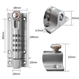 Drenky 4 Unique Combination Locking Bolt, Heavy Duty Sliding Lockable Padbolt, 120mm Silver Stainless Steel Silded Door Latch Keyless, with Anti-Tamper Screws, 1 Pcs