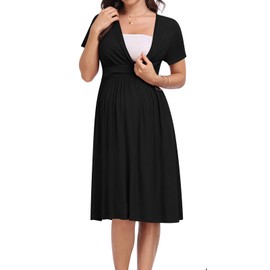 DreamGlee Maternity Casual Short Sleeve Party Dress Summer Wrap V Neck Baby Shower Photoshoot Pregnancy Nursing Dresses, Black, L